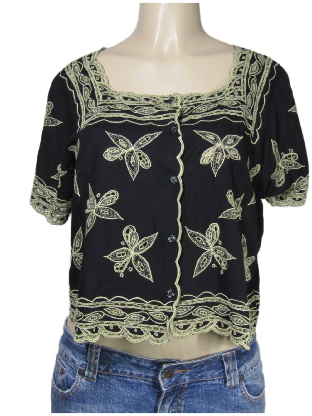 VTG Y2K Indonesian Bali Butterfly Cutwork Embroidered Boho Festival Top Blouse M